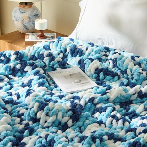 Image of Inhand Chunky Chenille Yarn for Hand Knitting, Thick Bulky Blanket Yarn for Crocheting, Soft Fluffy Yarn for Crochet Gifts & Crafts for Women /Beginners, 8 Pack (29.5 yds /8.4 oz Each), Blue Variegated