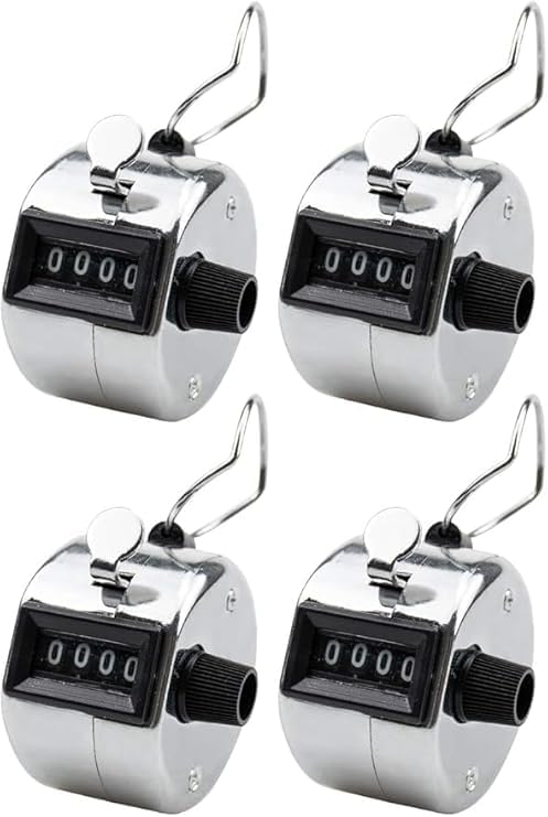 Metal Hand Tally Counter 4-Digit Lap Counter Clicker, Manual Mechanical Handheld Pitch Click Counter with Finger Ring for School Golf & Knitting Row Croche (Silver) (Pack of 4)-image-20