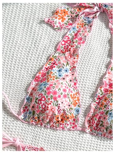 WDIRARA Women's Floral Ruffle Swimsuit Halter String Triangle Bikini Set Tie Side 2 Piece Bathing Suit3