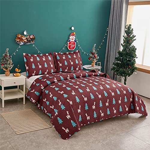 Ferdilan Kids Quilt Set Queen/Full Size, 3 Pieces Red Alpaca Pine Tree Bedding Coverlet Set Reversible Lightweight Bedspread Set thumb #6