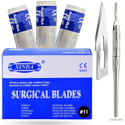 100 Blades #11 Scalpel Blades for Knife Scalpel High Carbon Steel Dermablade Blades Individually Wrapped Sterile + 1 Adjustable Scalpel Handle #3 with 180° Rotation Blade Holder for Precise Cutting