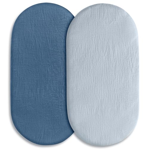 Muslin Bassinet Fitted Sheets, 2 Pack for Baby Boy and Girl, Soft Breathable Stretchy Baby Pad/Mattress Sheet Set, Universal Fit for Hourglass Oval...