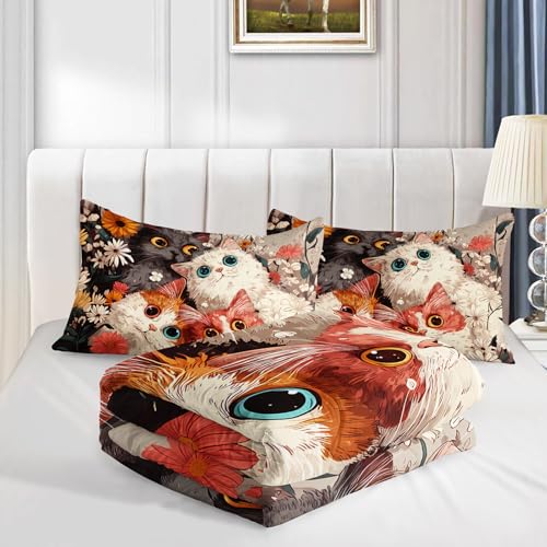 Image of AILONEN Kawaii Cat Bedding Sets for Girls,Floral Cute Kitten Comforter Set Twin Size,Pet Animal Duvet Set,3 Pieces,1 Quilt and 2 Pillowcases,Microfibre