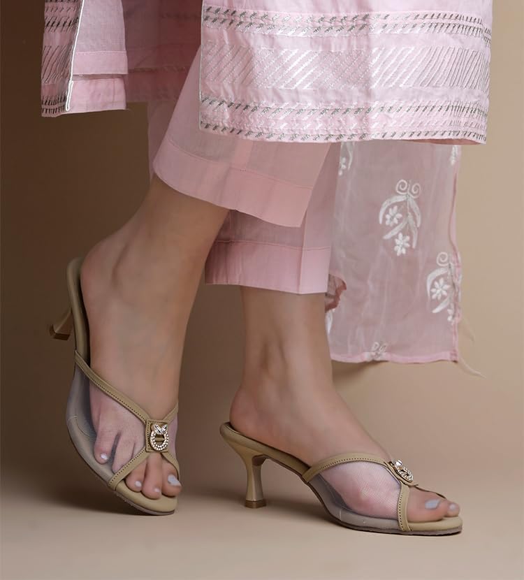 Image of Froh Feet Women's Kitten Heel Embllished Mash sandals 2 Inch Chunky Heels Mules Peep Open Toe Slip On Summer Sandal