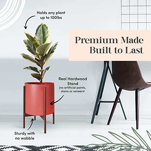 Mid Century Plant Stand With Pot Included - 10 inch Planter with Stand for Indoor Plants & Flowers - Large Ceramic Planters - Wood Legs, Modern, Tall Floor Wooden Snake Plant Pot Stand Holder - Red