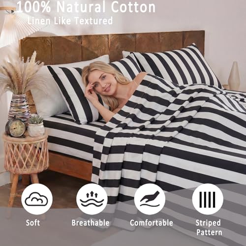 Image of Merryword 100% Cotton Sheet Set Full Size - Black and White Stripes Bedding, Soft Breathable Percale Weave, Wide Stripe Deep Pocket Sheet 17.5 inch, Luxury Linen Like, 4-Piece All Season Bedding