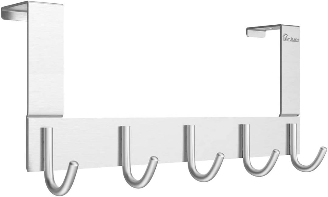 Door Hooks Hanger Rack, Aluminum Utility Organizer Towel Hooks Holder for Kithchen Bathroom, 5 Hooks Over The Door Hanger Silver