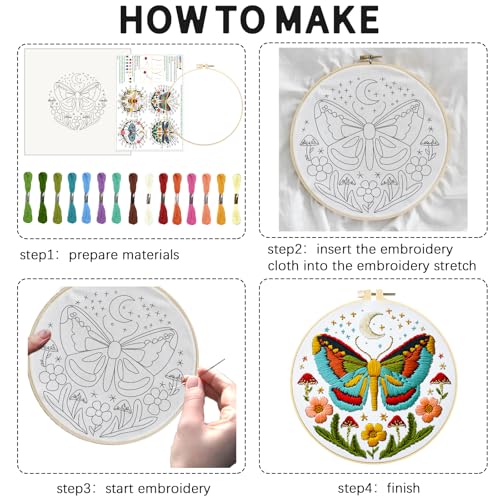 Image of INFUNLY 4 Sets DIY Insect Pattern Embroidery Kits for Starter 11.8 inchx11.8 inch Flowers Plants Embroidery Hoop kit Handmade Bees Embroidery Kits Moth Needlepoint Kit with Instruction for Adults Beginners