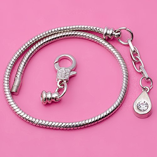 Rubyca 10Pcs 7.9" Lobster Clasp Crystal Drop Pendant Snake Chain European Charm Bracelet Silver Tone #TOP2