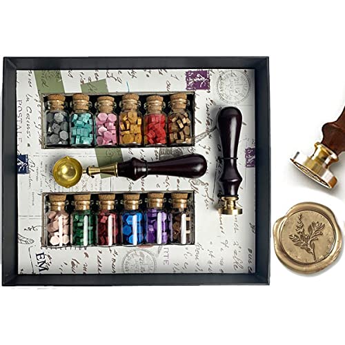 Kit de cera de sellado de cuentas en caja de regalo con sello de cera, cera de sellado de 12 colores y cuchara de fusión (botánico)