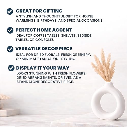 Image of Modern Matte White Ceramic Donut Vase - Minimalist Hollow Round Decorative Vase for Living Room, Bedroom, Office & Table Decor, 5x5.1 Inch