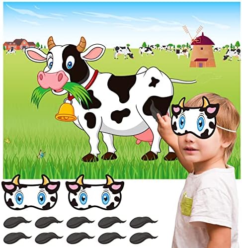 NEBURORA Pin The Tail on The Cow Party Game with 30 Tails for Forest Farm Birthday Christmas Party Supplies Pin Game, Boys Girls Woodland Animal Party Decorations Home Wall Decor