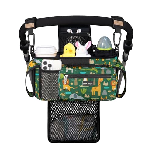 Image of TOPDesign Universal Baby Stroller Organizer, Stroller Caddy with Detachable Mesh Bag & Heightened Insulated Cup Holders & Non-Slip Secure Hooks Accessories, Fits Most Strollers (Zoo 2)