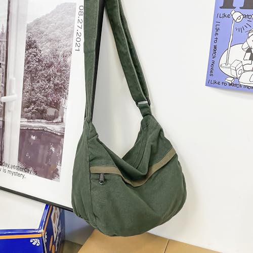 Image of Canvas Messenger Bag Large Hobo Crossbody Bag with Zipper Casual Shoulder Tote Handbag for Women and Men