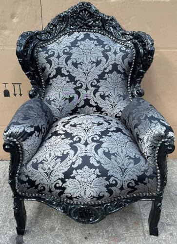 Casa Padrino Fauteuil Baroque Argent Motif/Noir - Fauteuil de Salon en Bois Massif Fait Main -...
