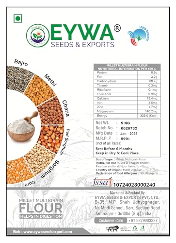 Image of Eywa Seeds & Exports Pvt Ltd Organic Bajra Multi Grains Atta (5 Kg) Mixers Of Bajra, Sorghum, Red Sorghum, Makai, Ragi, Chana & Methi| 100% Wholegrain Atta | 0% Maida By Eywa