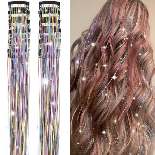 JYSNOW 12 Stück Hair Tinsel 50cm Glitzer Haarsträhnen Haarsträhnen zum Einklipsen Haar Lametta Glitzer Strähnen Haare für Mädchen Frauen und Kinder Weihnachten Cosplay Tägliche Anwendung