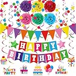 Clabby Rainbow Birthday Decorations Kit Including Colorful Happy Birthday Banner Hanging Swirls Streamers Cutouts Honeycomb Flower Balls Triangle Bunting Flag Circle Dots Confetti Garland Supplies