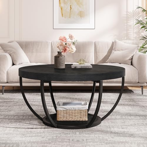 Image of Tribesigns Round Coffee Table with Storage, 31.7 inch Black Living Room Table