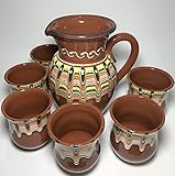 etara Wein&Feinkost/Tonkrug, Karaffe, Kanne für Wein Glühwein Tee Wasser Met Punsch/Set aus 1 Liter- Krug und 6 Becher/bulgarische Tradition, Keramik, hochwertige Handarbeit (braun)