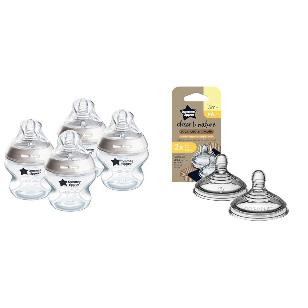 Tommee Tippee Closer to Nature Anti-Colic Baby Bottle, 5oz, Slow-Flow Breast-Like Nipple & Advanced Anti-Colic Baby Bottle Nipples, Breast-Like, Soft Silicone, Medium Flow, 3m+, 2 Count