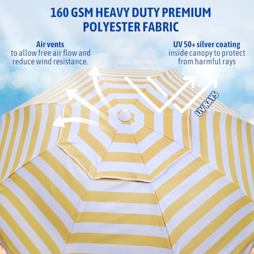 بروكامب مظلة شاطئ فاخرة مع مرساة رملية - مظلة شمسية للفناء وحمام السباحة والشاطئ - مظلة خارجية شديدة التحمل مقاومة للرياح للحماية من الشمس (خطوط الشمس)