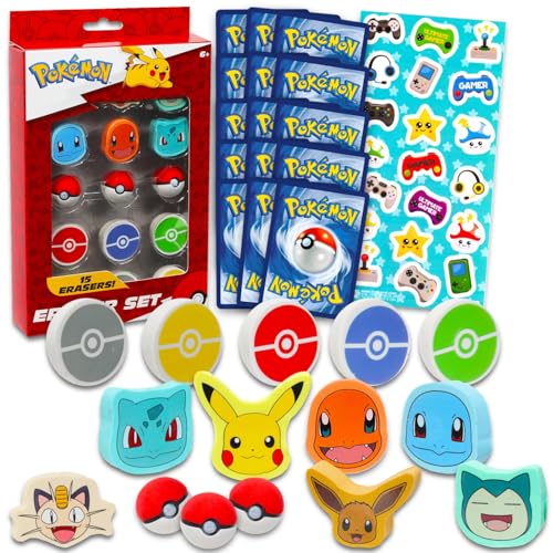Pokemon Party Favor Set - Bundle with 15 Erasers Featuring Pokeball Charmander Bulbasaur More Plus Trading Cards Stickers | Pokemon Party Supplies Kit for Kids Boys Girls