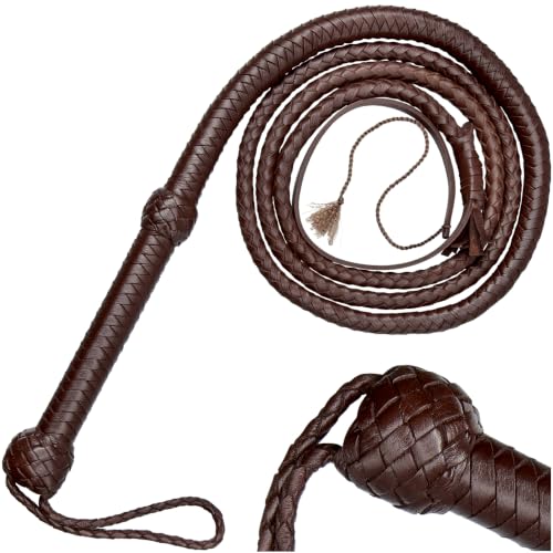 K EXCLUSIVE 8 Foot Dark Brown Leather Bull Whip | Handcrafted Woven Leather Construction | Leather Wrapped Wooden Handle | Integrated Wrist Strap | Western Display Piece