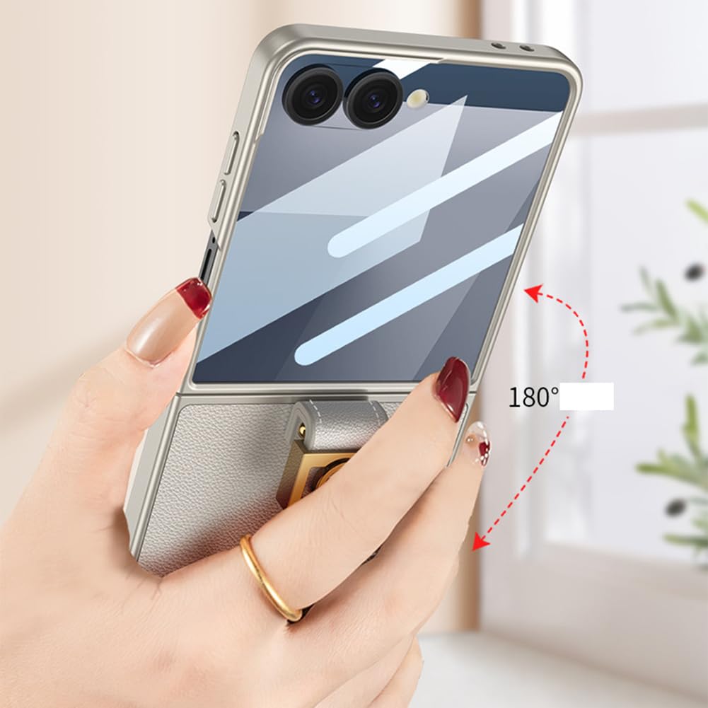 Zielony, Flip 7, skórzane etui do Samsung Galaxy Z Flip 7, wbudowana osłona ekranu, wąskie, odporne na wstrząsy etui z pierścieniem na palec