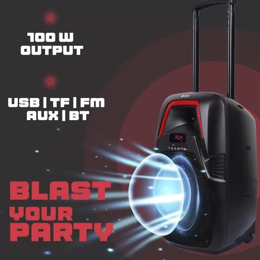 Zoook Hurricane 100 W Bluetooth Party Speaker showcasing its 100W output and multiple connectivity options: USB, TF card, FM radio, AUX input, and Bluetooth.