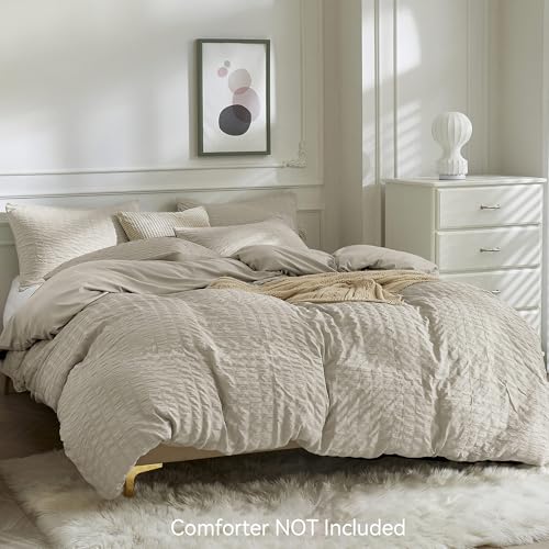 Image of JELLYMONI Beige Duvet Cover Queen Size, 3pcs Washed Microfiber Bedding Set, Soft Breathable Seersucker Duvet Cover Set with Zipper Closure and Corner Ties for All Seasons