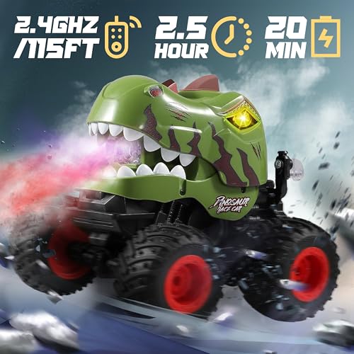 Image of BEZGAR Monster Truck Toys - Remote Control Monster Truck with Spray, Light, Music, Dinosaur Toys for Kids, 1:20 Scale RC Truck with 360 Spins and Drifting, Remote Control Car for Boys 4-7 Camo Green