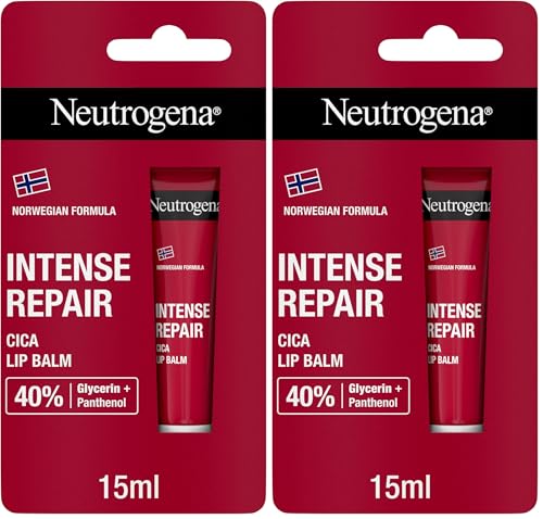 Neutrogena Fórmula Noruega Bálsamo Labial Cica Reparación Intensa (1 x 15 ml), bálsamo hidratante labial con 40% glicerina y pantenol, para labios secos y dañados (Paquete de 2)