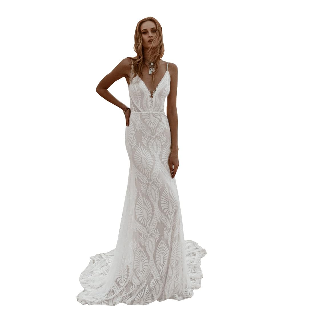 Photo 1 of MRLYOUTH Bohemian Beach Wedding Dress Spaghetti Straps Lace Mermaid Bridal Gown with Train Ourtdoor Reception 2026 All in Ivory US 0