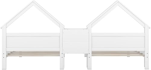 Miniatura 7 de DEINPPA Camas de casa dobles individuales con estante integrado, cama Montessori tamaño individual cama de plataforma con techo, marco de cama