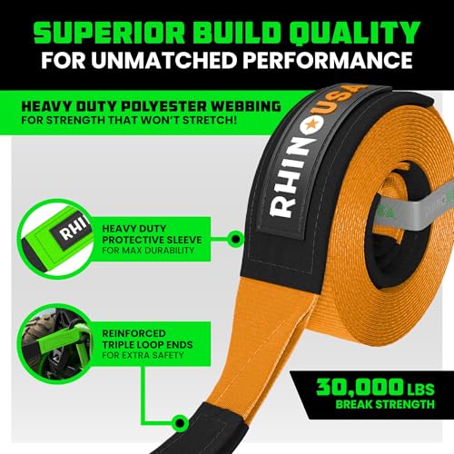 Image of Rhino USA Recovery Tow Strap (3 inchx20')- 31,518lb Break Strength- Emergency Recovery Strap Tow Rope for Truck, UTV, ATV & More- Heavy Duty Towing Strap for Offroad 4x4 Use- Compatible with Jeep (Orange)