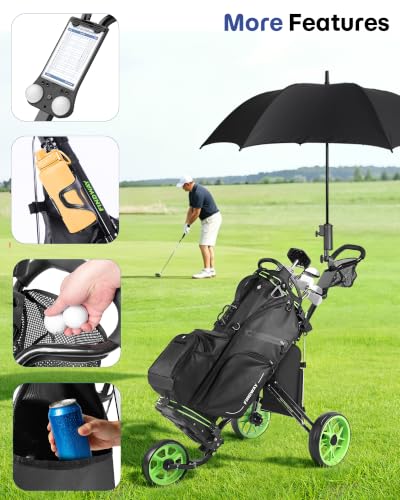 Image of findway Golf Push Cart 3 Wheel, Lightweight & Compact Fold Golf Bag Cart, Golf Caddy Push Carts with Foot Brake, Adjustable Handle, Mesh Bag, Storage Bag, Umbrella & Drink Holder