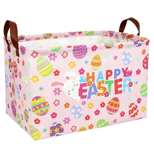 Image of Pink Easter Basket for Kid Large Empty Baby Rectangular Cute Easter Gift Storage Basket Bunny Eggs Decor (Pink Rabbit Flower)