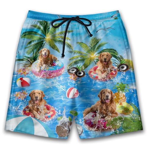 Dog Pool Party Mens Swim Trunks - Happy Dog Hawaiian Mens Shorts Casual - Summer Drawstring Beachwear Shorts PA92