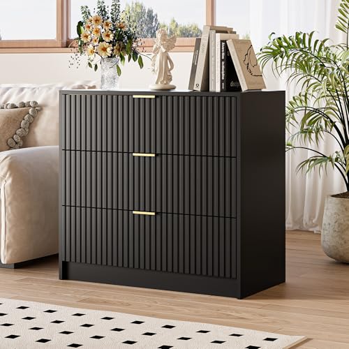 Image of MAISONARIA Black Fluted Dresser for Bedroom, 32 Inch Wide Nightstand with Large Drawer, 3 Drawer End Table for Bedroom, Living Rooms, Offices, and Entryways