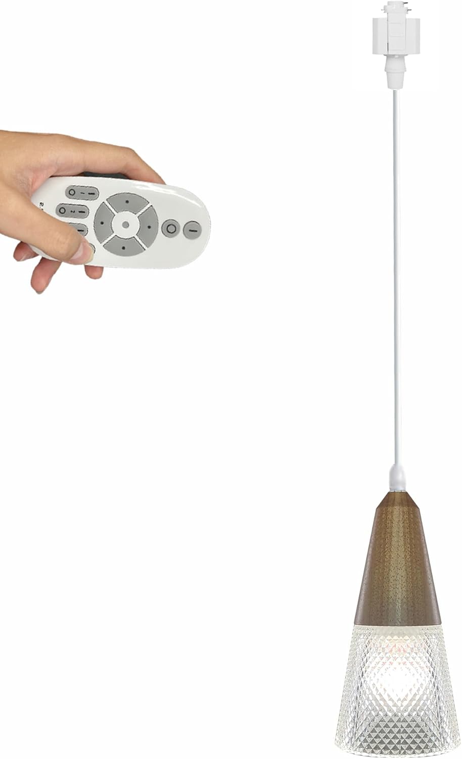 H-Type Track Lighting Pendant Restaurant Modern Light 2.4GHz 3-Zone Remote Control Clear Glass Cone Wooden E26 Socket, Halo Track Mounted Customizable for Living Room Kitchen