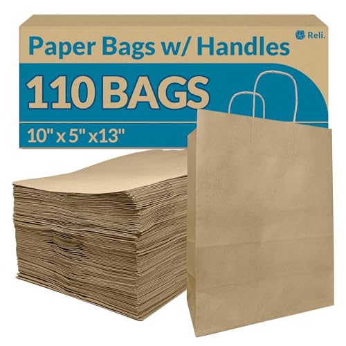 Reli. 10x5x13 in. Brown Paper Bags with Handles | 110 Pack | Kraft Paper Shopping Bags with Twist Handles Bulk | Ideal for Gifts Retail Shopping Merchandise Take Out/To Go Party Crafts
