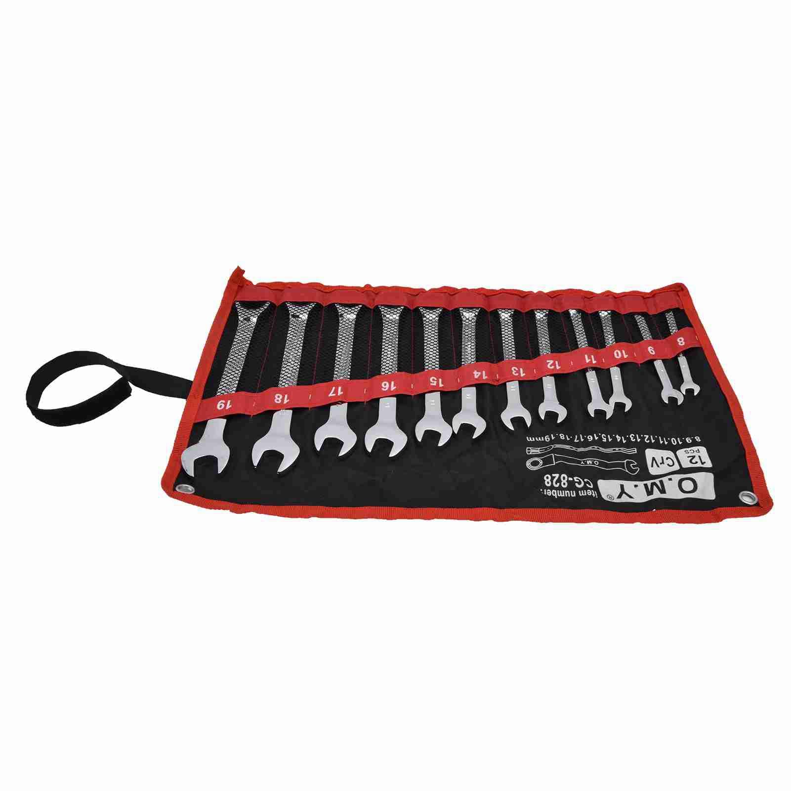 Tissting Juego de Llaves de Carraca 12 Piezas 8-19mm, Llave Combinada Acero Cromo Vanadio con Bolsa de Almacenamiento para Uso en Talleres (cabeza fija)