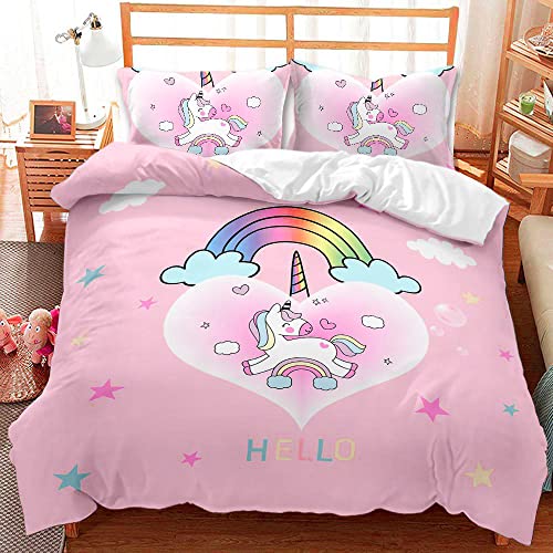 AOXHFNV Juego de funda nórdica de unicornio rosa, bonito arco iris blanco nube unicornio niña...
