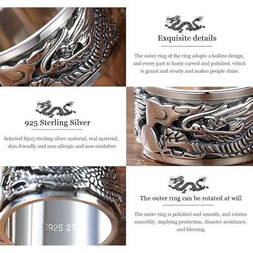Dragon Rings, Vintage 925 Sterling Silver Feng Shui Ring, Health Wealth Protection Punk Dragon Rings for Men Women, Neo Chinese Style Lucky Amulet, Cool Biker Ring2