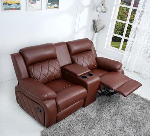 Image of Solis Royale Leatherette Manual 2 Seater Recliner Sofa Chair | Center Console and Cup Holder | Comfortable Lounge Sofa Chair for Living Room, Bedroom, Office, Home (RELAXYARD-Brown)