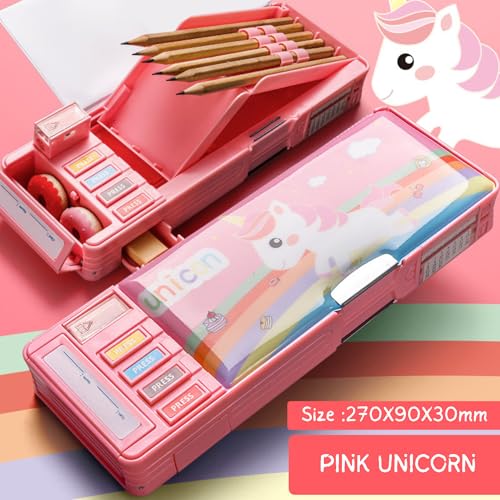 Image of FINEMOE Pink Unicorn Pencil Case for Girls & Boys - Double-Layer, Double-Sided Pencil Box for Kids, Aesthetic Stationary Set for School Students, Large Capacity Geometry Box, Unique Stationery Gifts