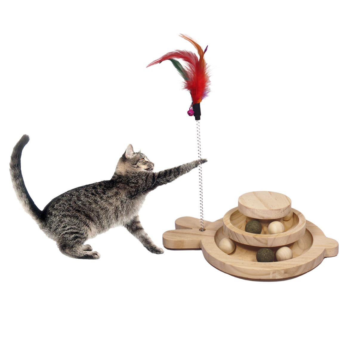 Cat Track Toy, Two-Tiered Ball Tower with Removable Balls, A Bell Feather, Interactive Cat Toy, Easy to Install DIY Toy, Suitable for Kitten Exercise, Medium Size