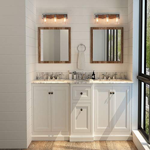 LOG BARN 3 Lights Rustic Vanity Light in Real Distressed Wood and Brushed Antique Silver Finish with Cone Clear Glass Shades, 21.3" Bathroom Wall Sconce Lighting, - Thumbnail 6