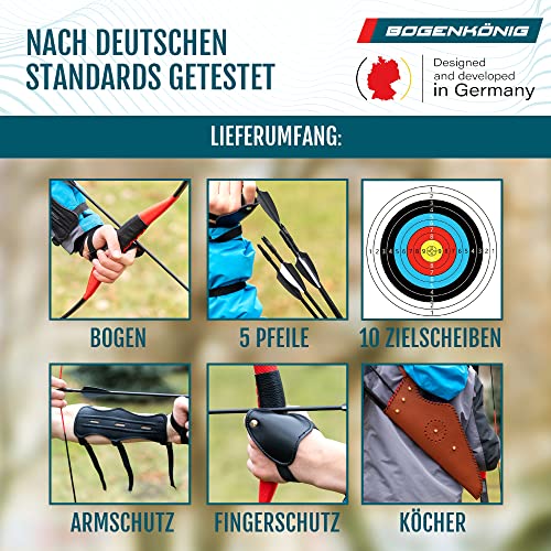 Bogenkönig 13,6 kg Holz Pfeil und Bogen Set mit Köcher Sportbogen für Präzises Zielen | Langlebig & Sicher für den Innenbereich | Ideal für Junge Bogenschützen | Kinderbogen Recurve Zielscheibeh